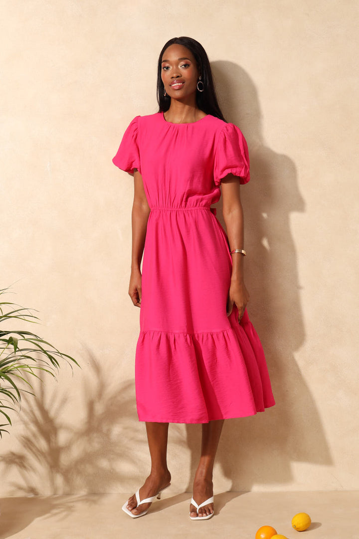 Bubble Sleeve Bow Tie-Back Frill Hem Midaxi Dress - Bright Pink