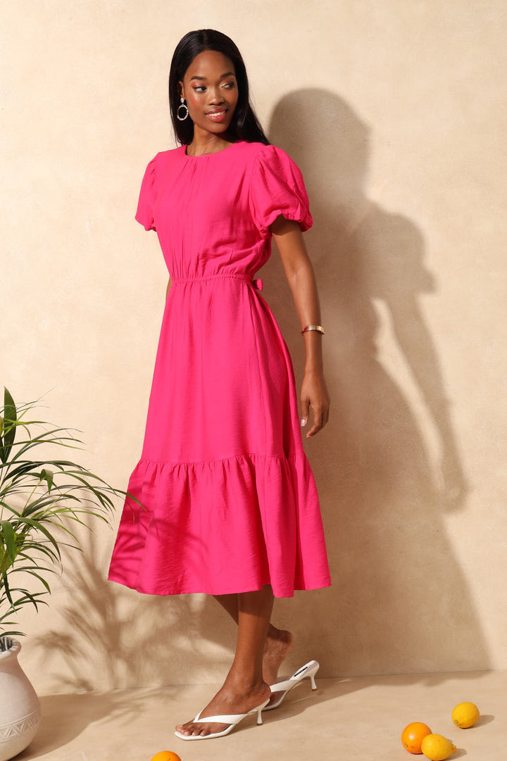 Bubble Sleeve Bow Tie-Back Frill Hem Midaxi Dress - Bright Pink
