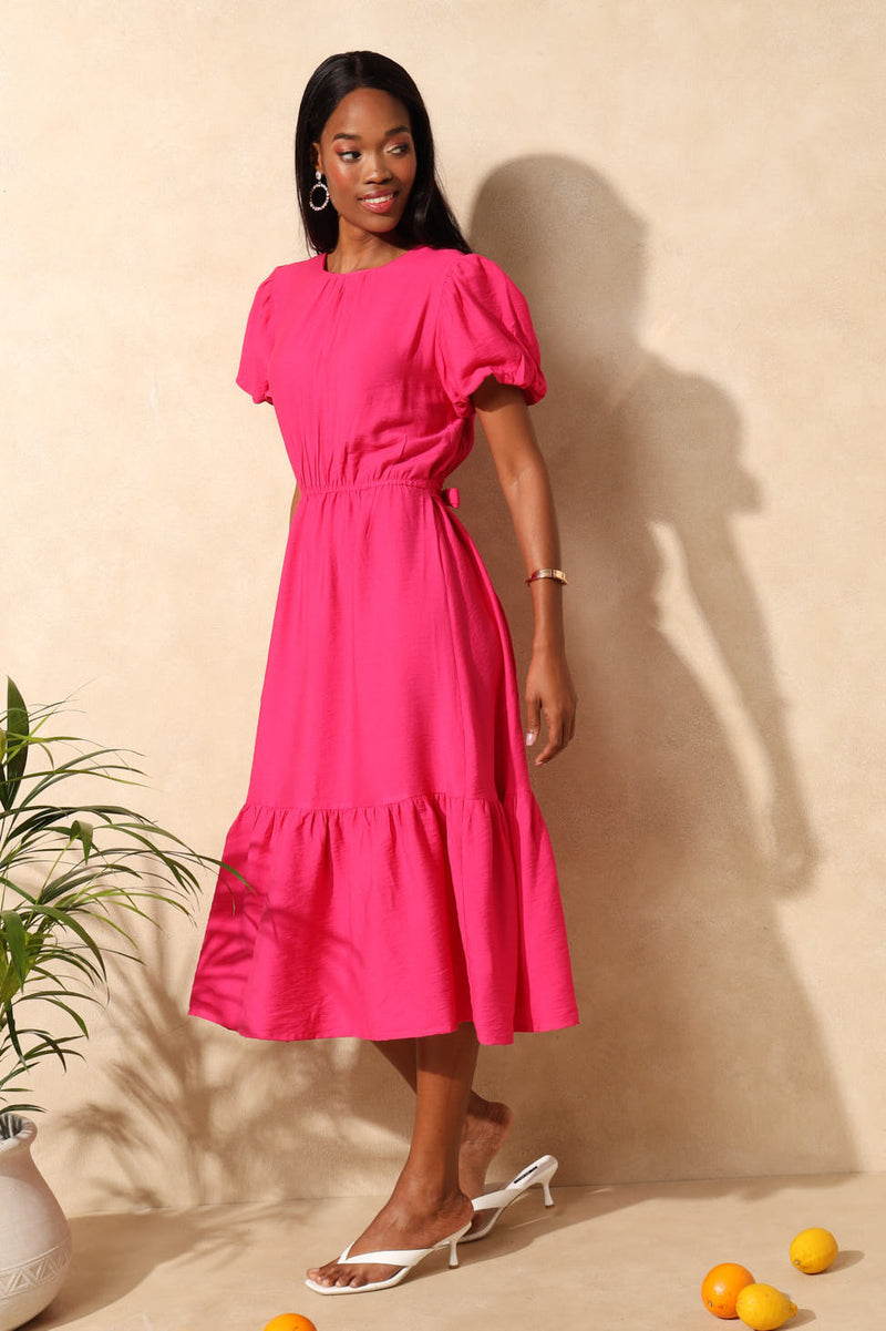 Bubble Sleeve Bow Tie-Back Frill Hem Midaxi Dress - Bright Pink