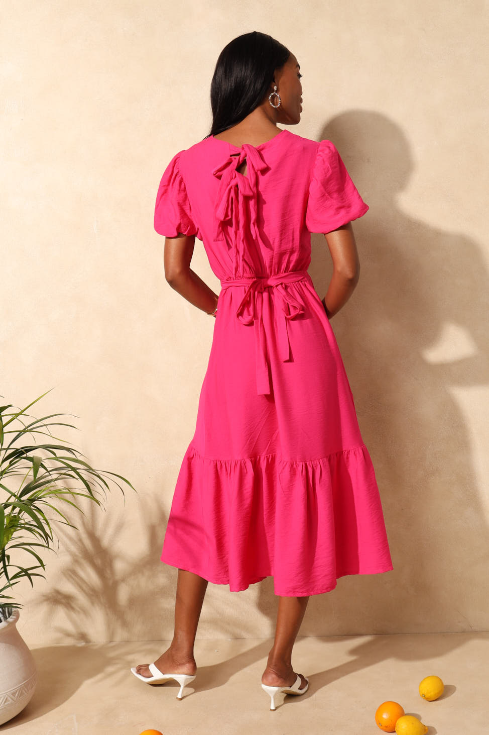 Bubble Sleeve Bow Tie-Back Frill Hem Midaxi Dress - Bright Pink