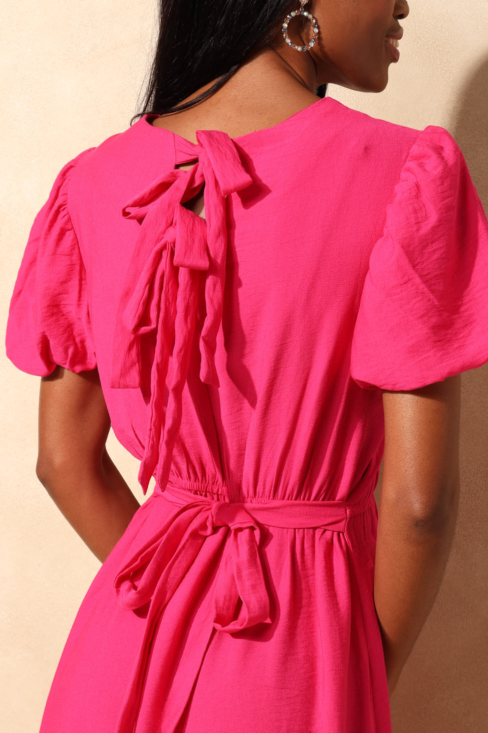 Bubble Sleeve Bow Tie-Back Frill Hem Midaxi Dress - Bright Pink