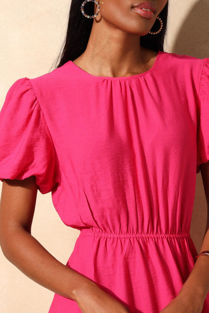 Bubble Sleeve Bow Tie-Back Frill Hem Midaxi Dress - Bright Pink