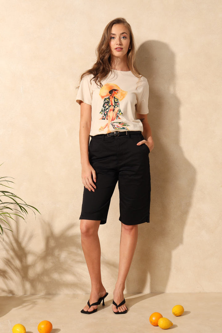 Belted Sateen Chino Bermuda Shorts - Black