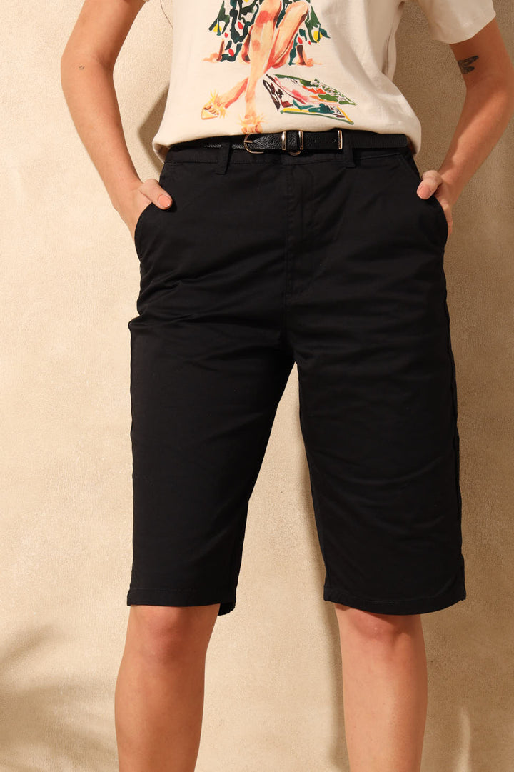 Belted Sateen Chino Bermuda Shorts - Black