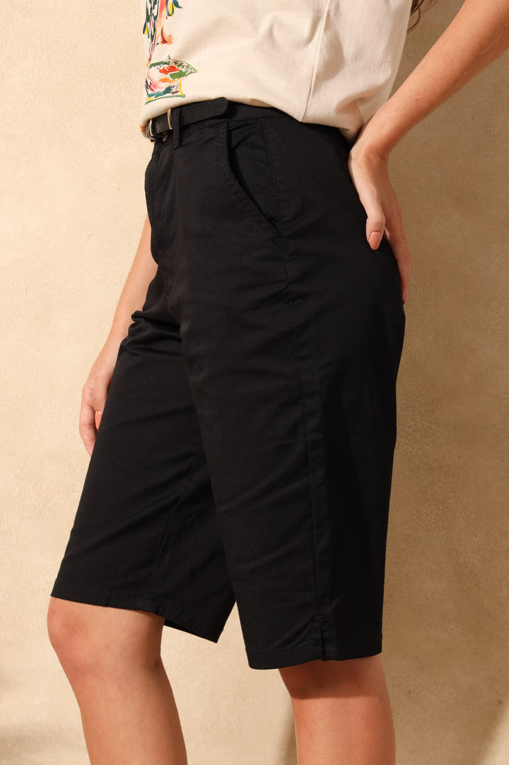Belted Sateen Chino Bermuda Shorts - Black