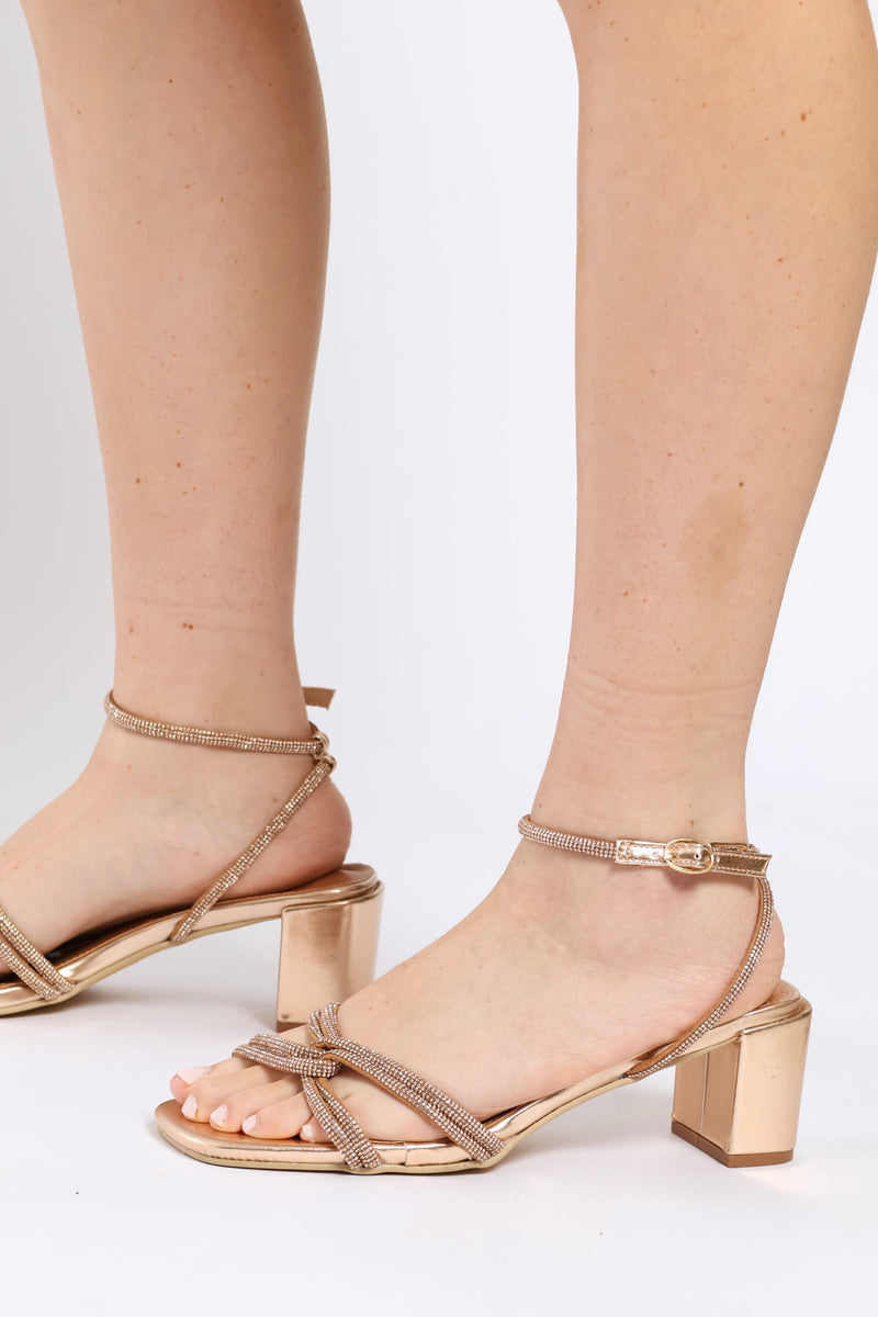 Interlinked Diamante Strap Sandal Heel - Rose Gold