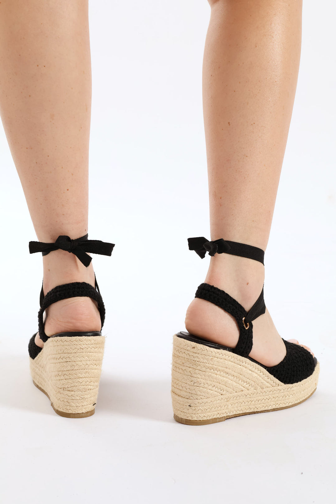 Open Toe Weaved Lace Up Wedge Heel - Black