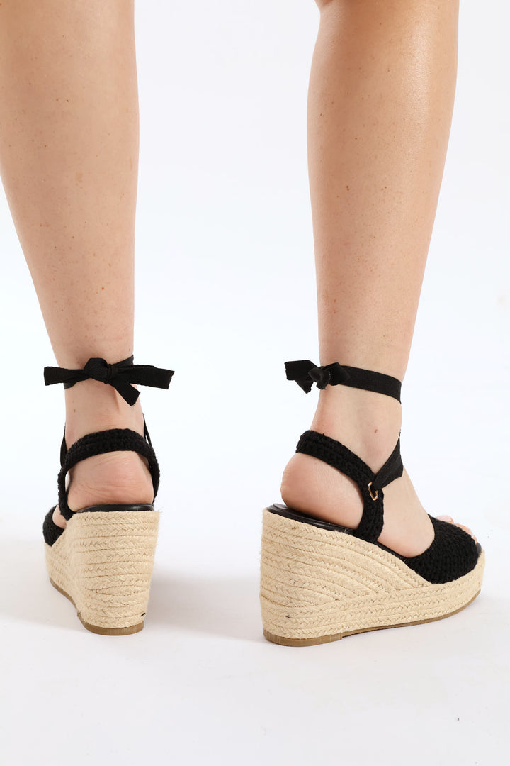 Open Toe Weaved Lace Up Wedge Heel - Black
