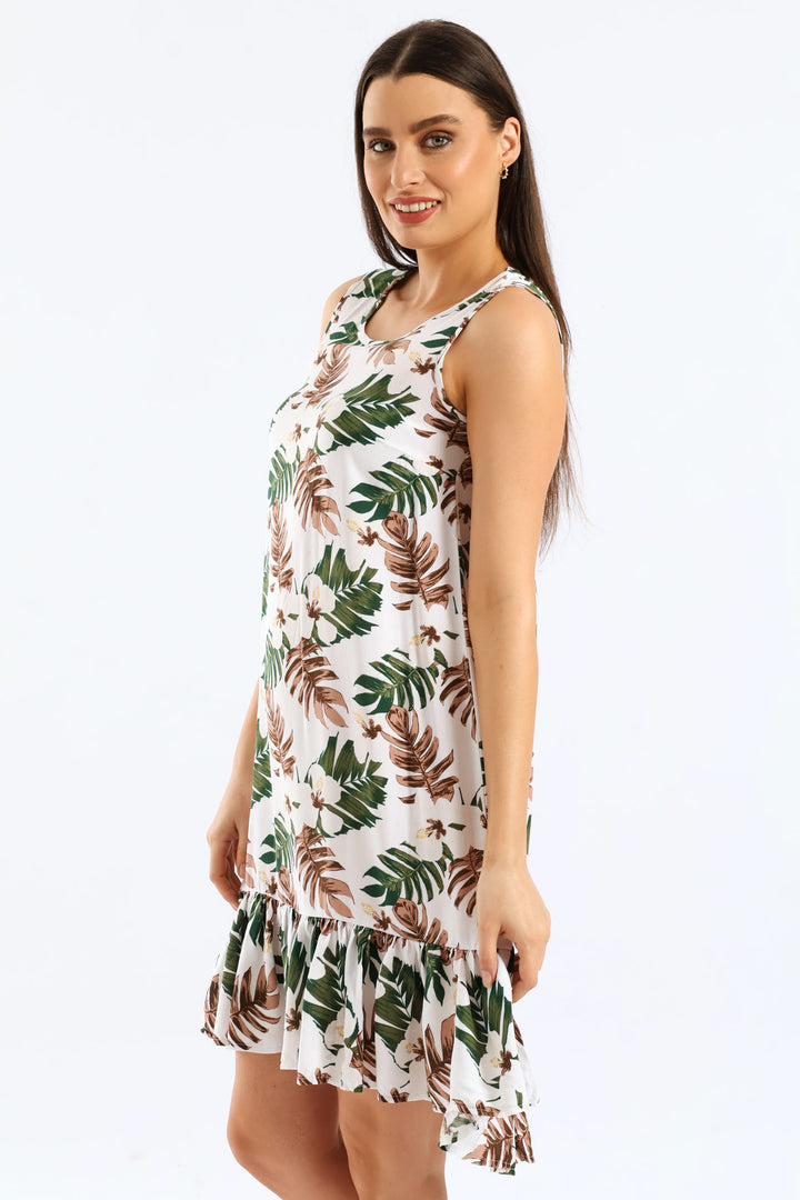 Frill Hem Hi-Lo Printed Shift Mini Dress - White