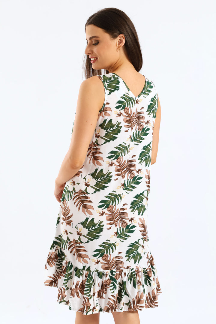 Frill Hem Hi-Lo Printed Shift Mini Dress - White