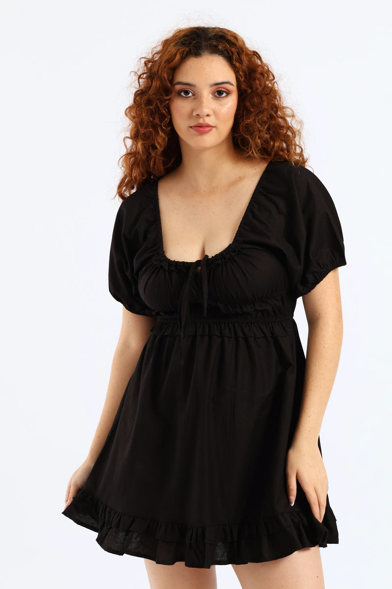 Linen Tie Front Mini Dress - Black