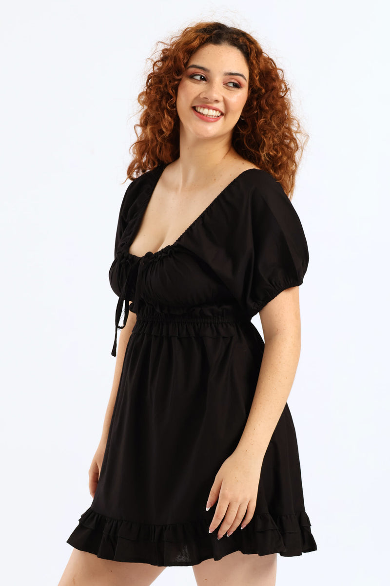 Linen Tie Front Mini Dress - Black