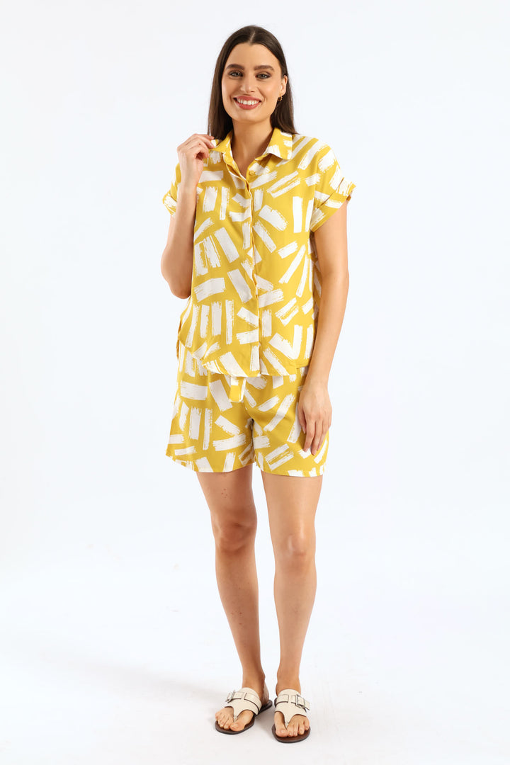 Belted Elasicated Mid Thigh Flat Toggle Shorts - White/Ochre