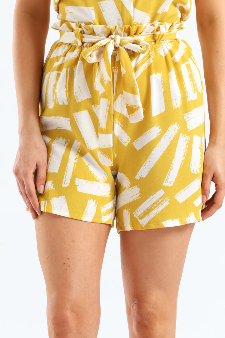 Belted Elasicated Mid Thigh Flat Toggle Shorts - White/Ochre