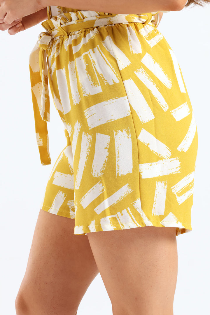 Belted Elasicated Mid Thigh Flat Toggle Shorts - White/Ochre