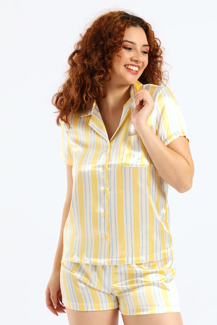 Button Through & Stripe Short Set - Yellow