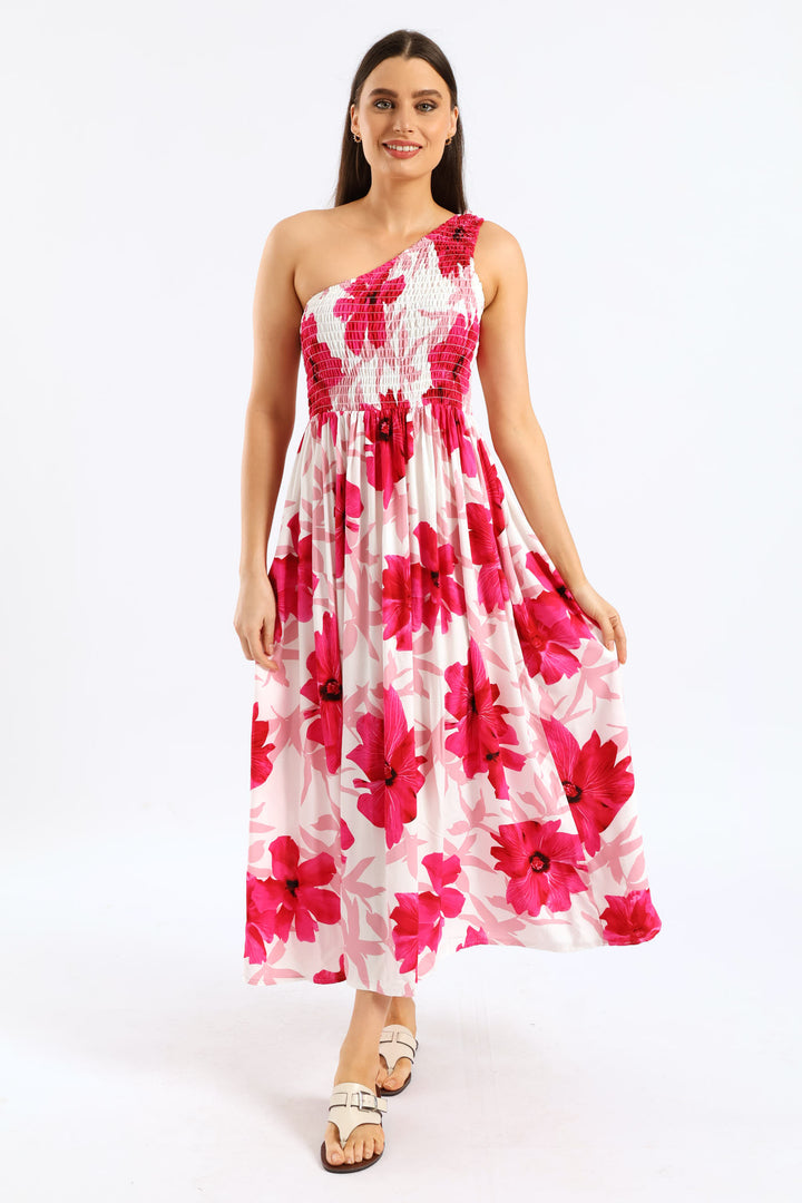 One Shoulder Shirred Bodice Maxi Dress - White/Pink