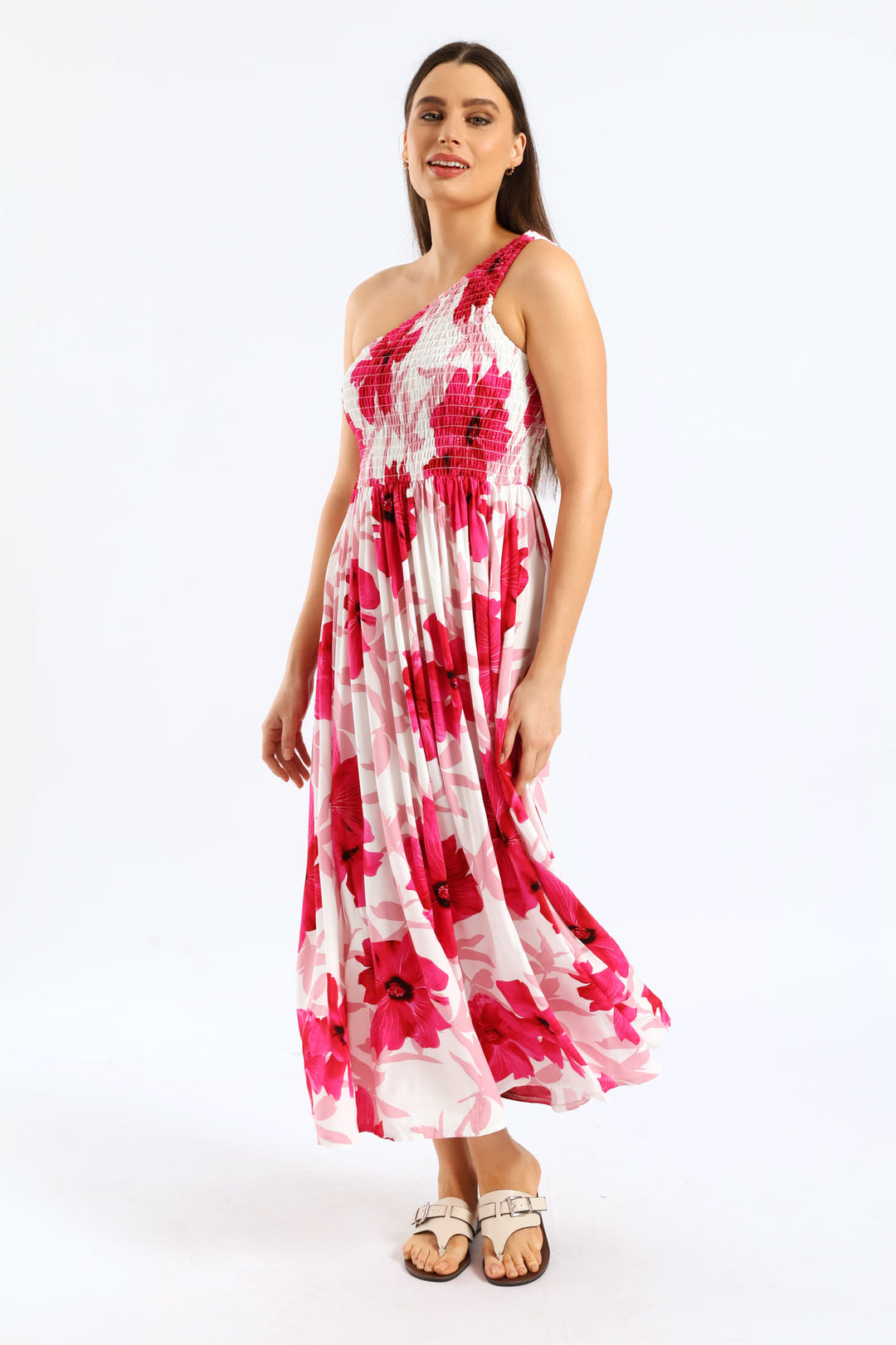 One Shoulder Shirred Bodice Maxi Dress - White/Pink