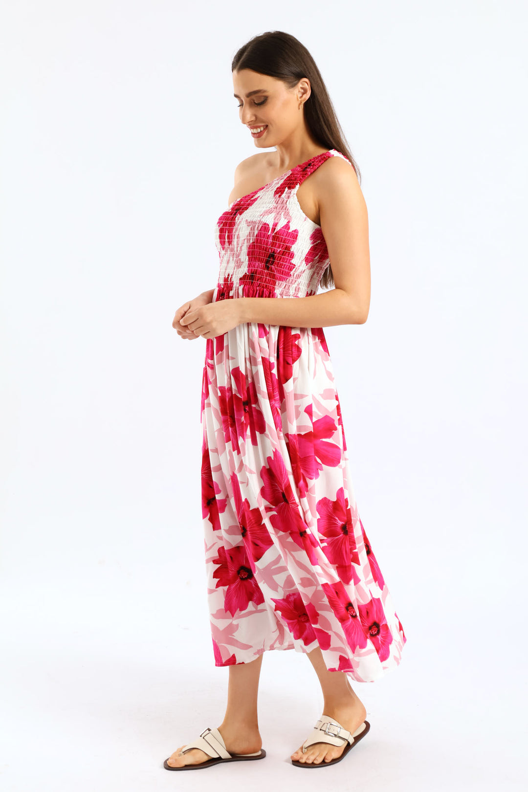 One Shoulder Shirred Bodice Maxi Dress - White/Pink