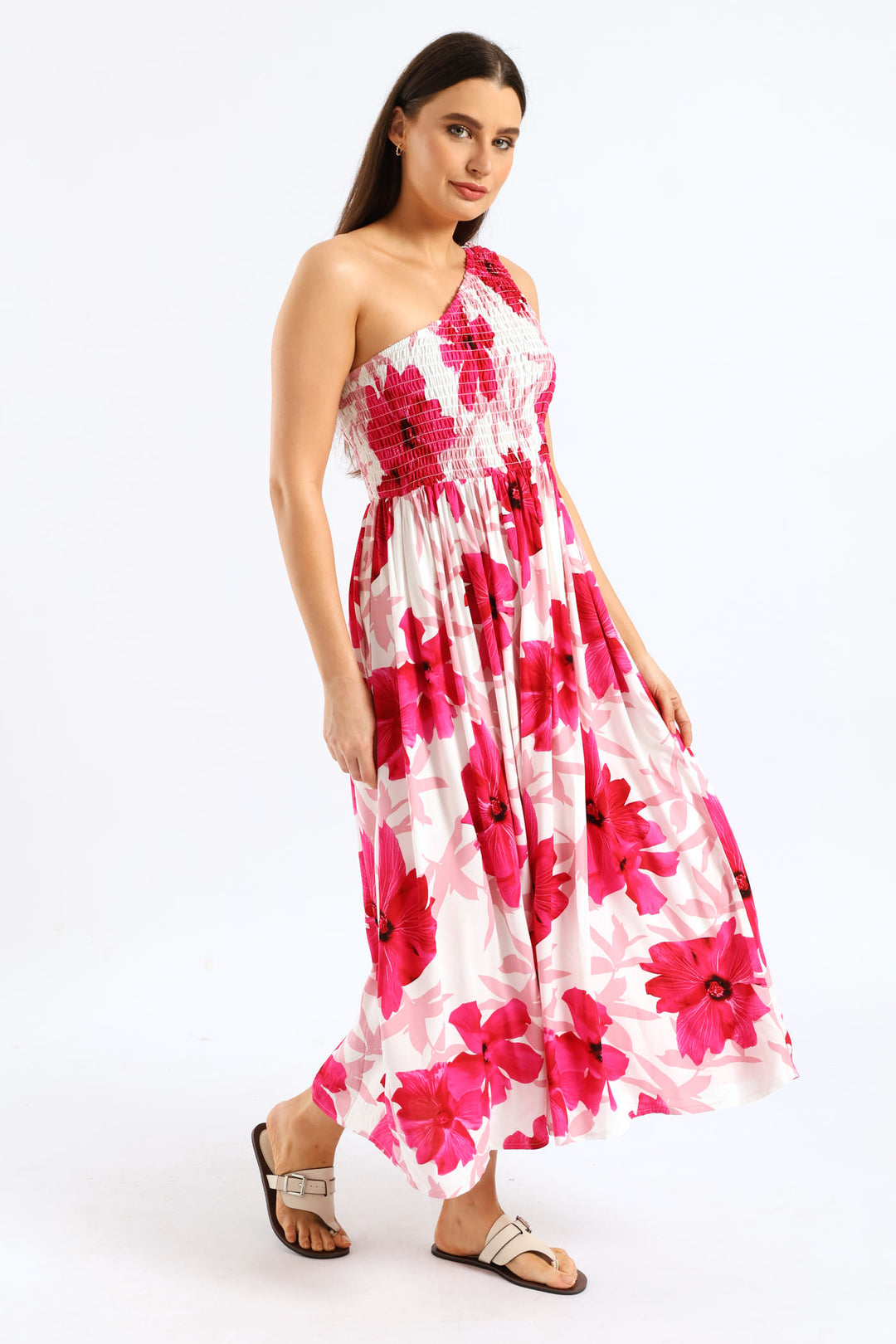 One Shoulder Shirred Bodice Maxi Dress - White/Pink