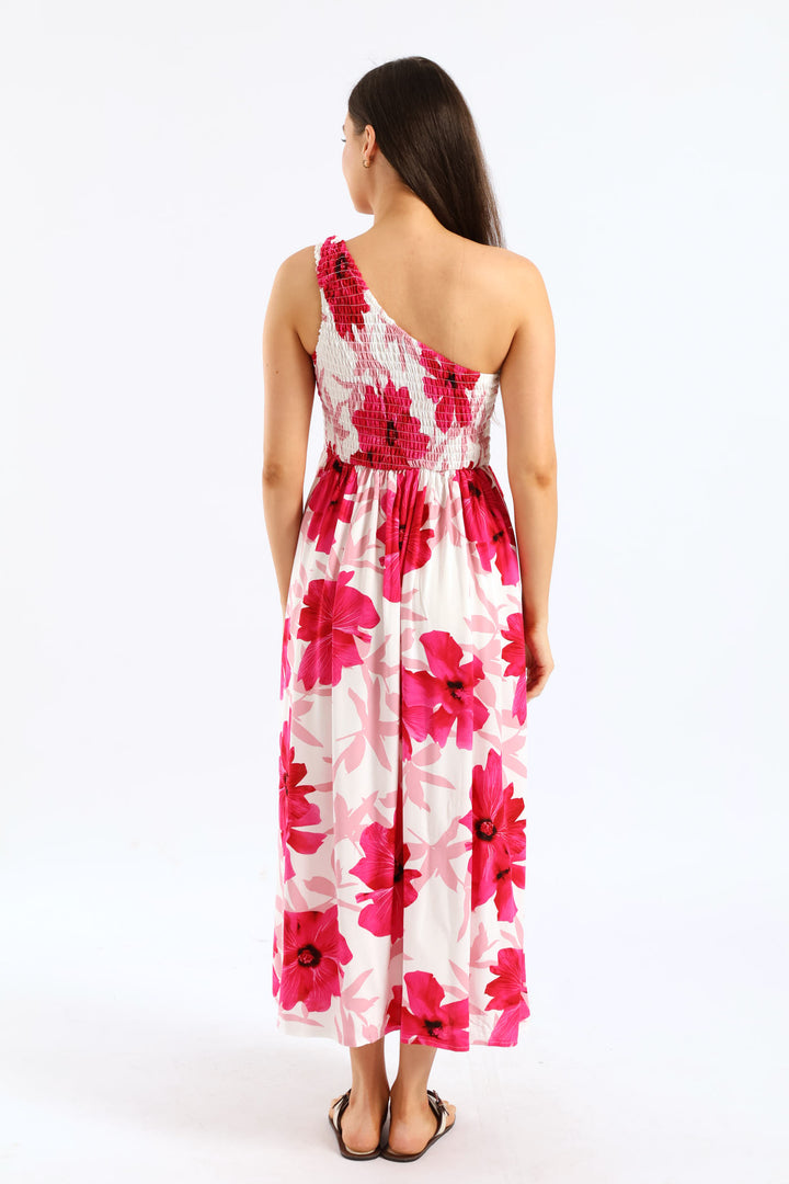 One Shoulder Shirred Bodice Maxi Dress - White/Pink
