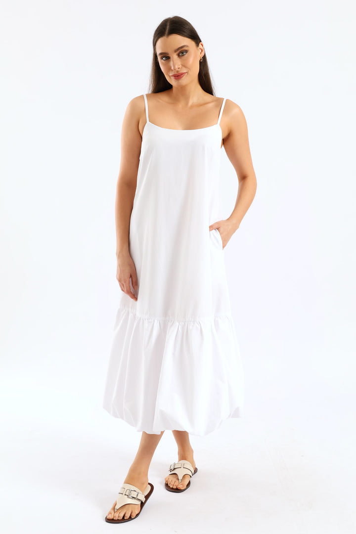 Strappy Drop Bubble Hem Slip Midi Dress - White
