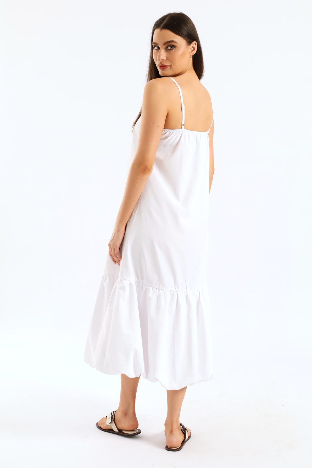 Strappy Drop Bubble Hem Slip Midi Dress - White