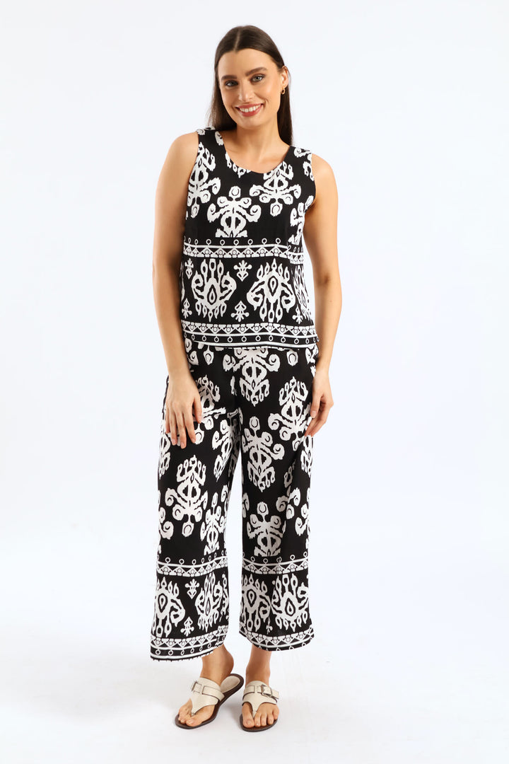 Aztec Border Shell Tank Top - Black/White