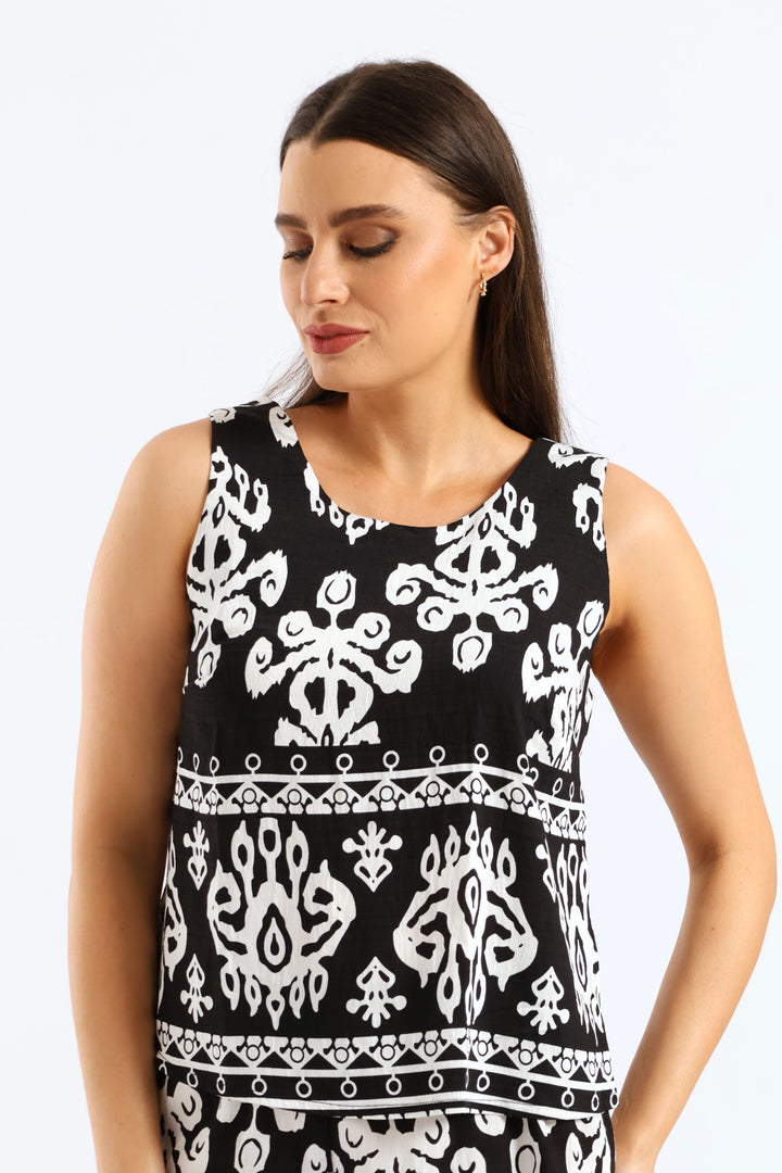 Aztec Border Shell Tank Top - Black/White