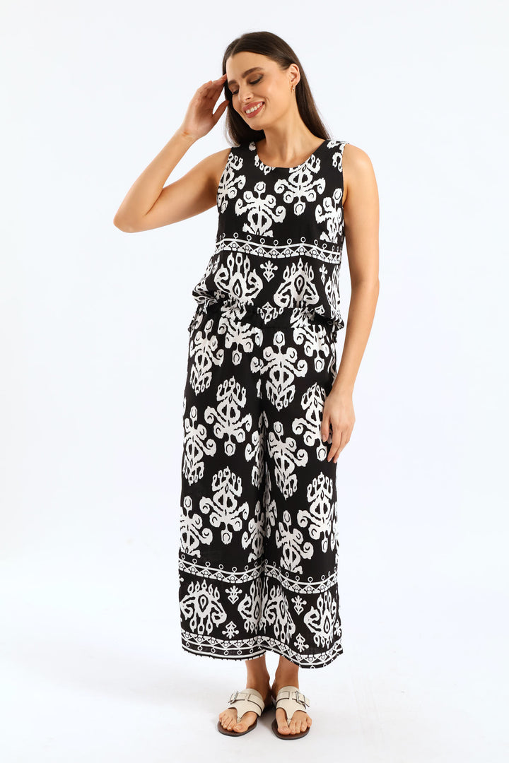 Aztec Border Mock Fly Wideleg Pant - Black/White