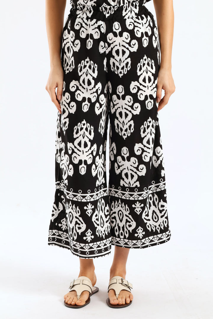 Aztec Border Mock Fly Wideleg Pant - Black/White
