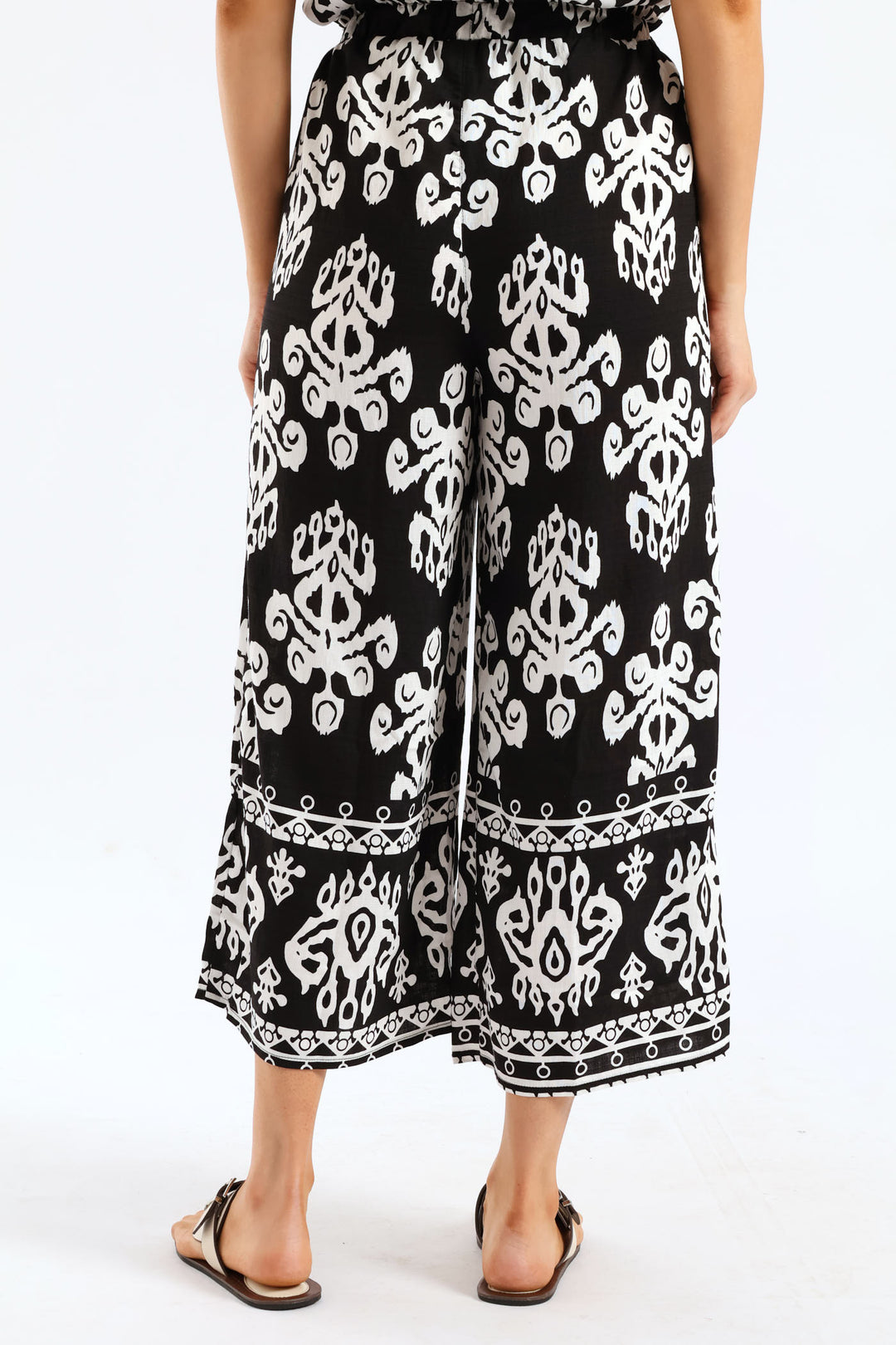 Aztec Border Mock Fly Wideleg Pant - Black/White