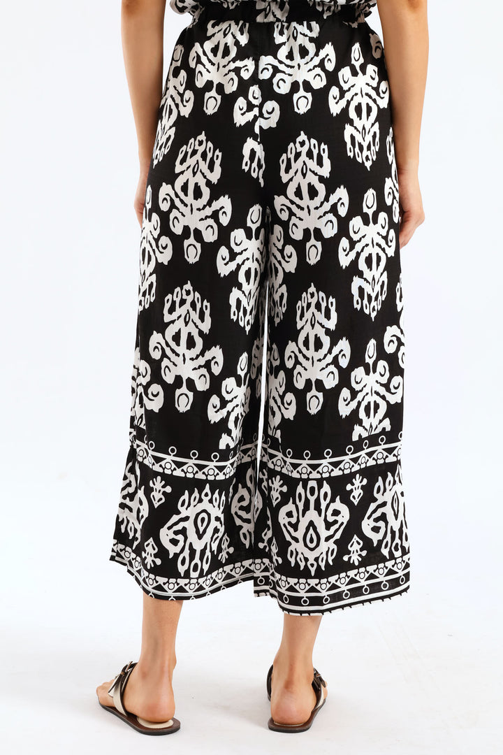 Aztec Border Mock Fly Wideleg Pant - Black/White