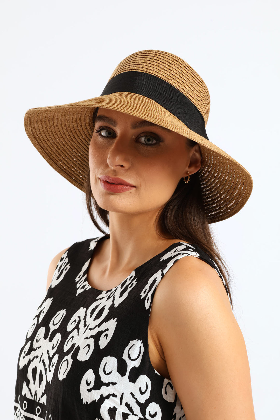 Black Ribbon Round Buckle Turned Down Sunhat - Caramel
