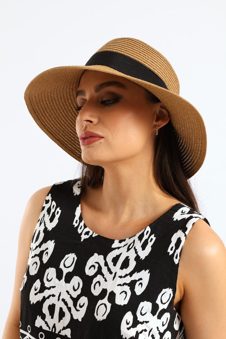 Black Ribbon Round Buckle Turned Down Sunhat - Caramel