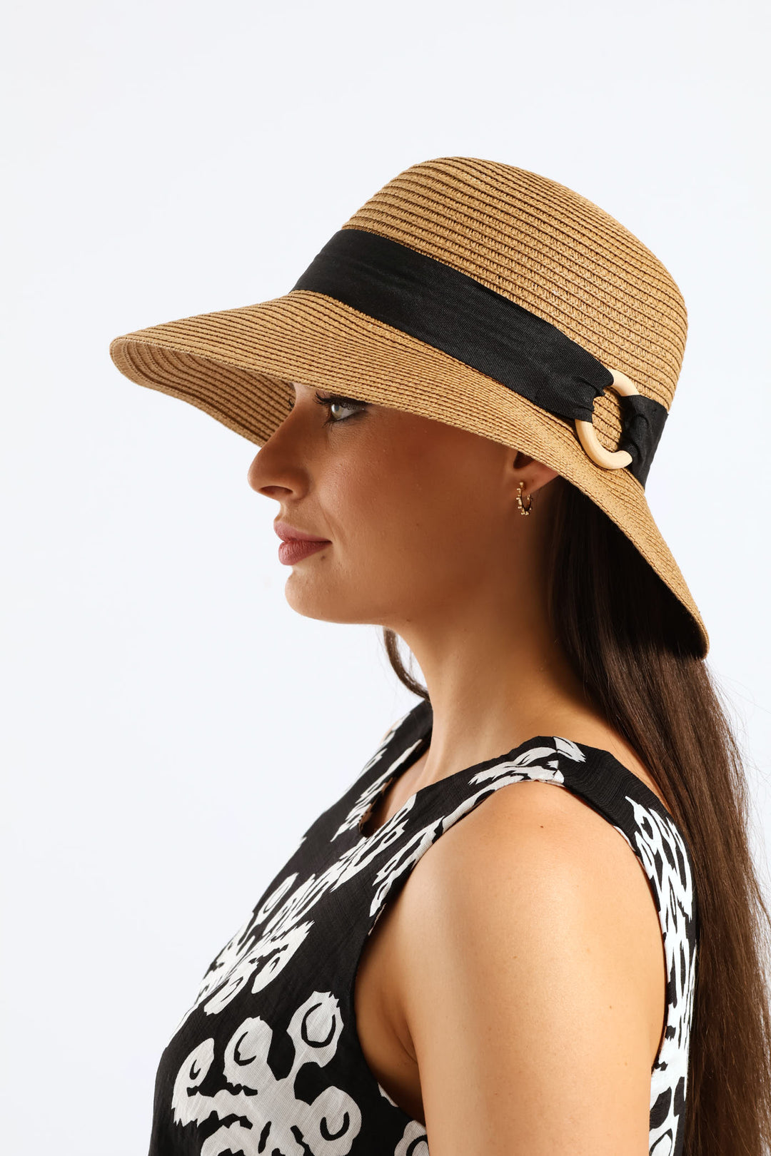 Black Ribbon Round Buckle Turned Down Sunhat - Caramel