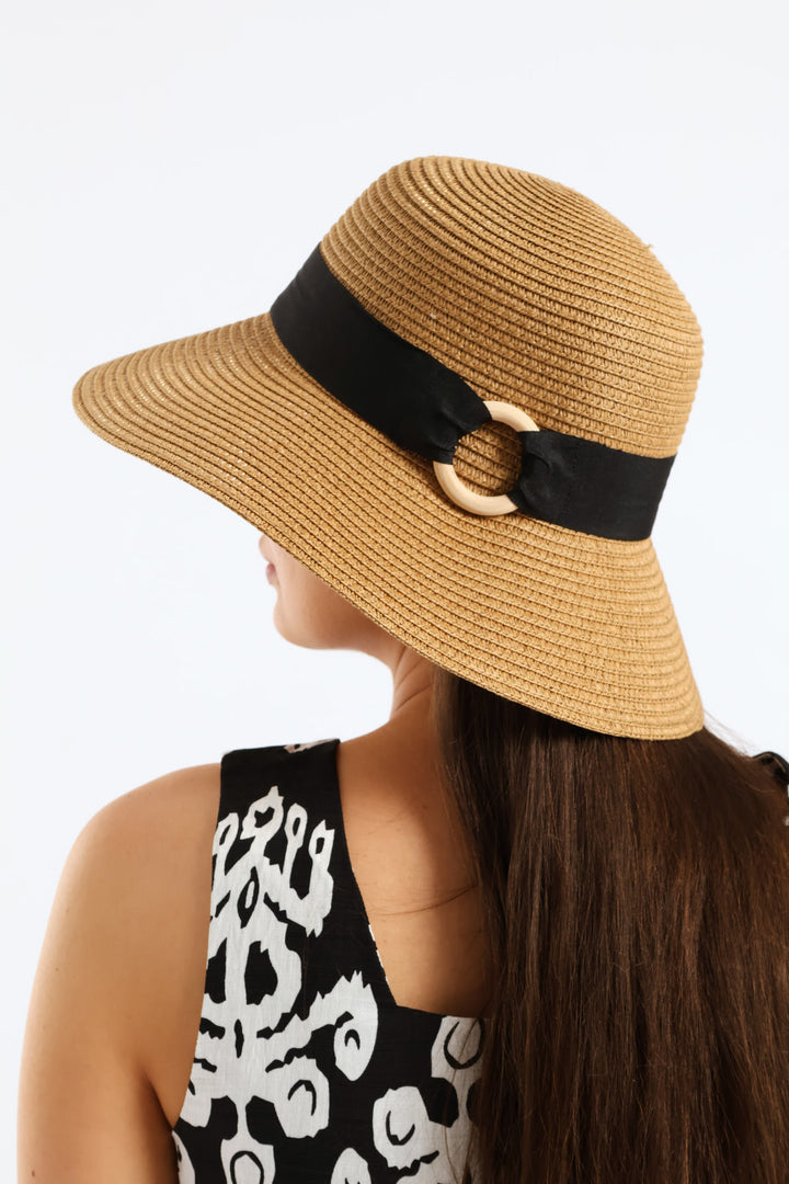 Black Ribbon Round Buckle Turned Down Sunhat - Caramel