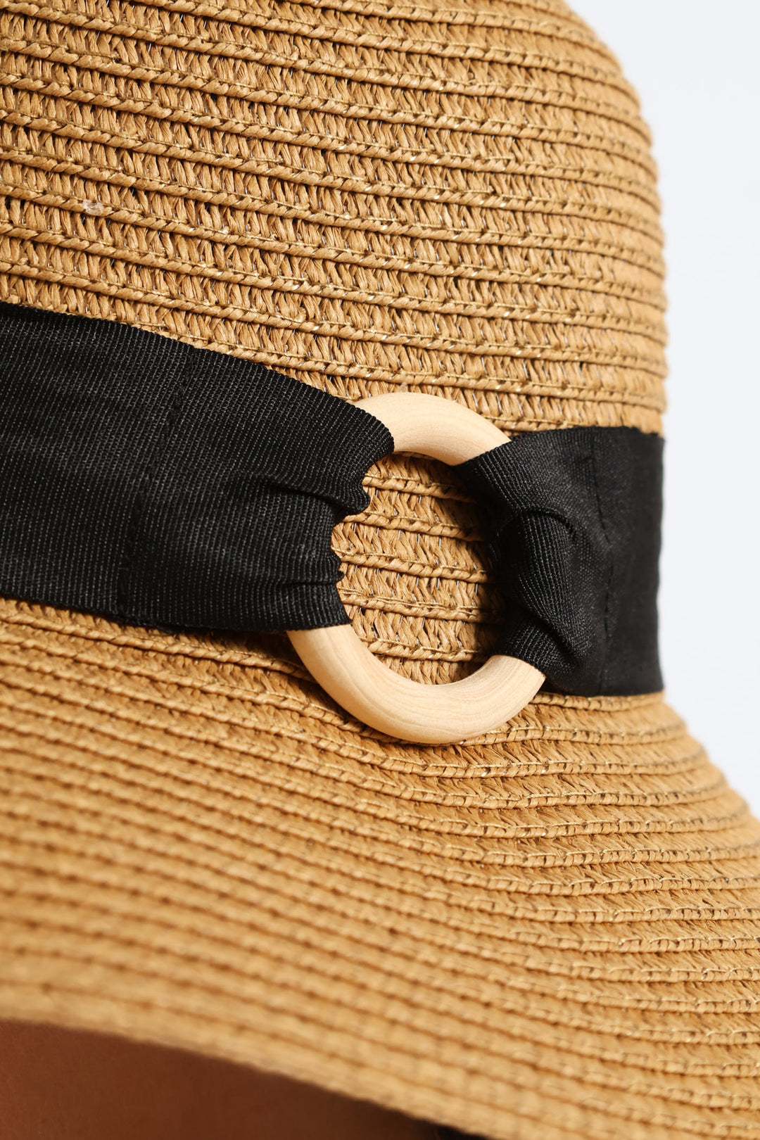 Black Ribbon Round Buckle Turned Down Sunhat - Caramel