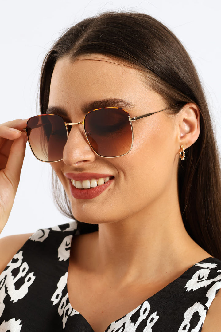 Half Trim Square Frame Sunglasses - Gold