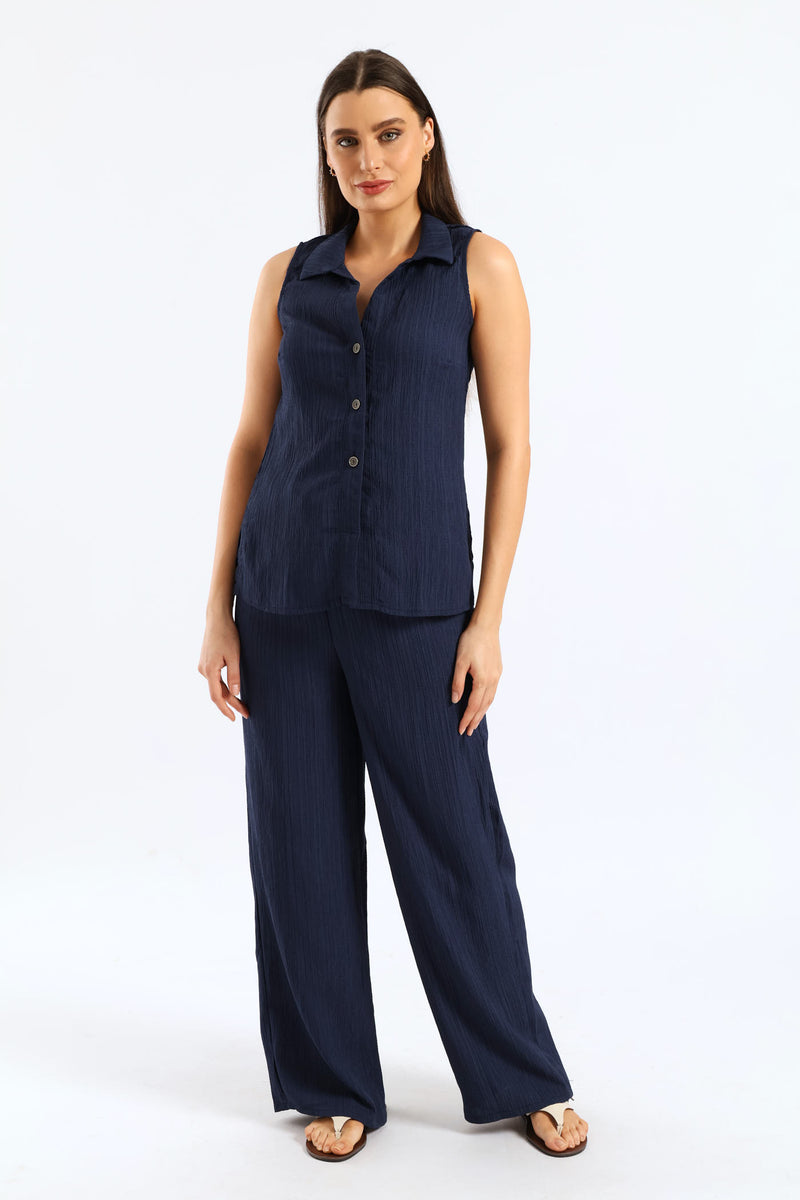 Crinkle Collared Shirt - Navy
