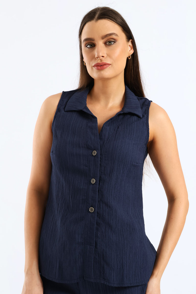 Crinkle Collared Shirt - Navy