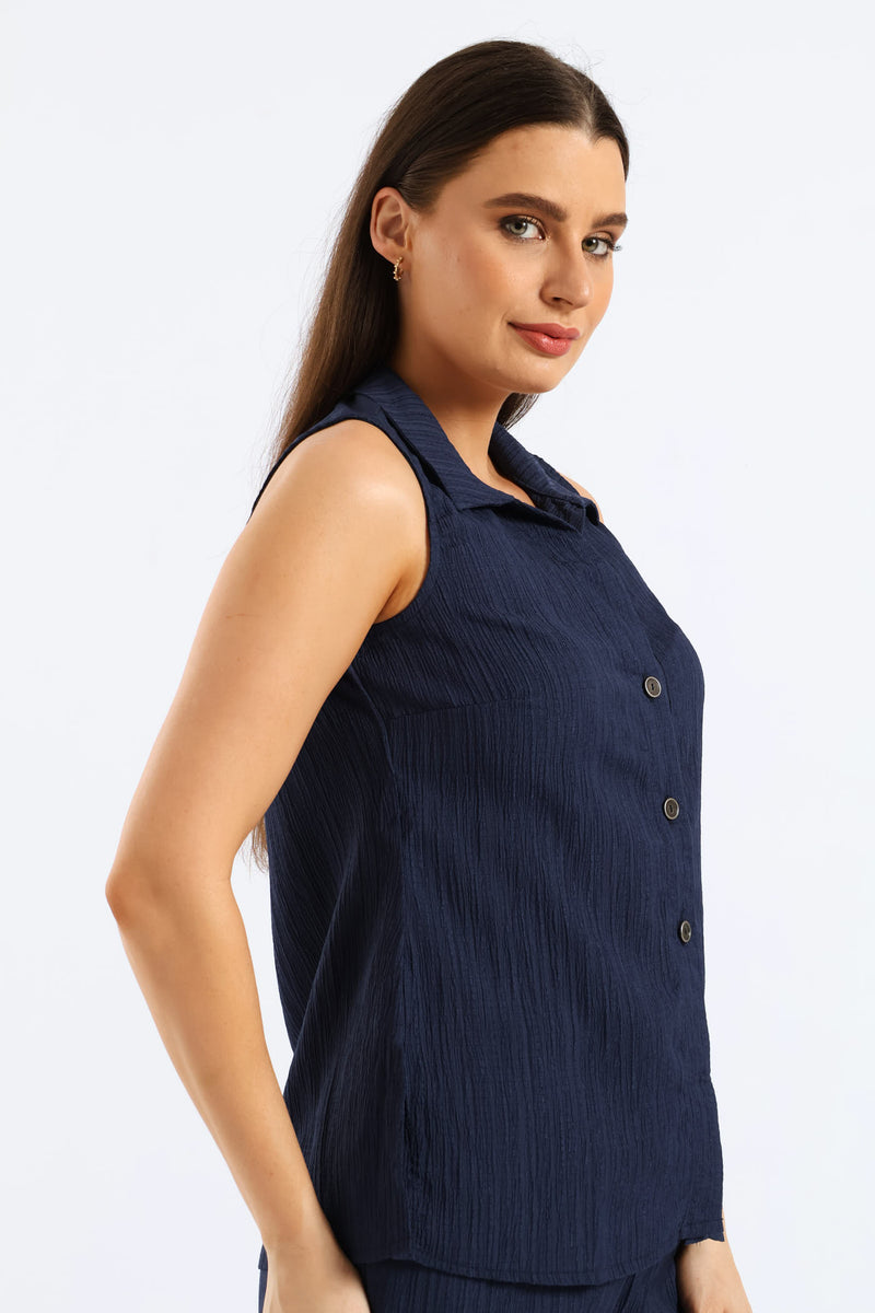 Crinkle Collared Shirt - Navy