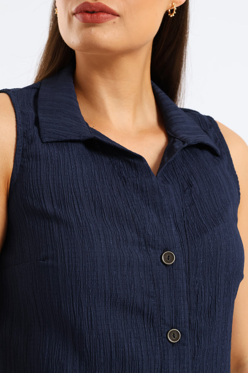 Crinkle Collared Shirt - Navy