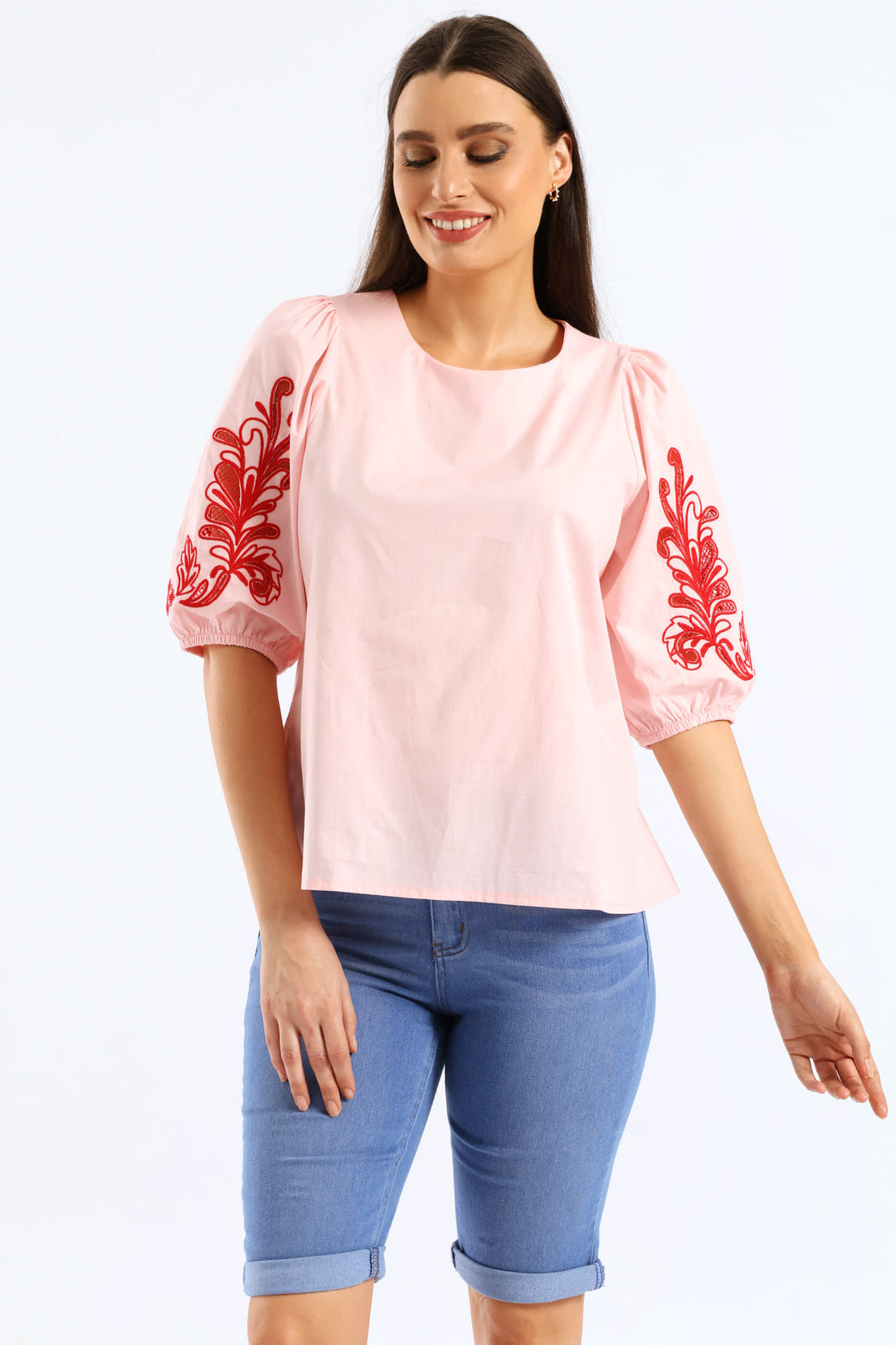 Embroidered Puff Sleeve Poplin Top - Light Pink
