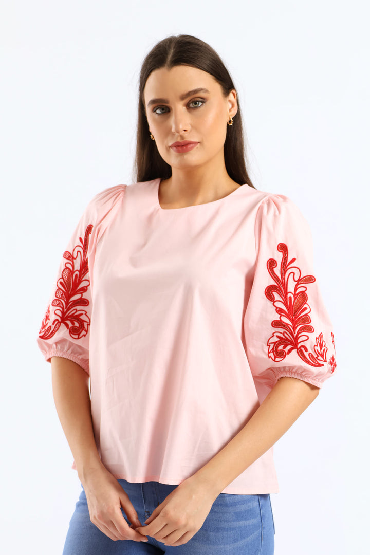 Embroidered Puff Sleeve Poplin Top - Light Pink