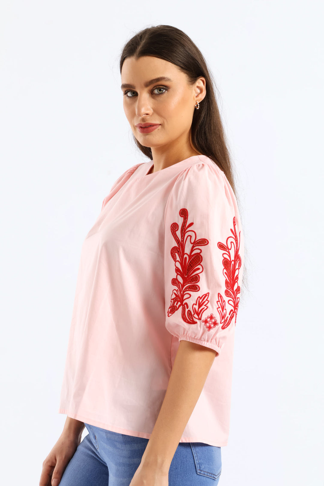 Embroidered Puff Sleeve Poplin Top - Light Pink