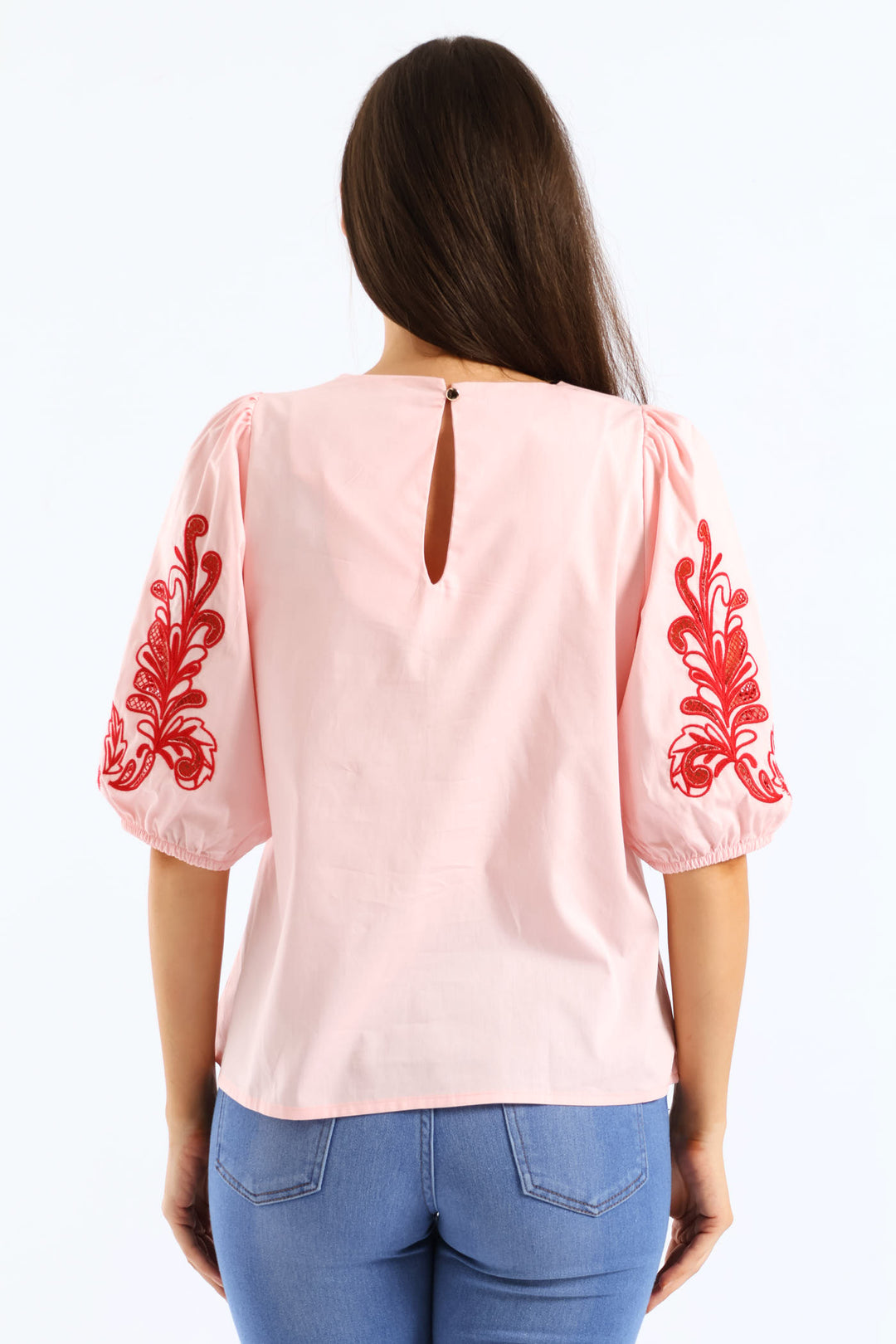 Embroidered Puff Sleeve Poplin Top - Light Pink