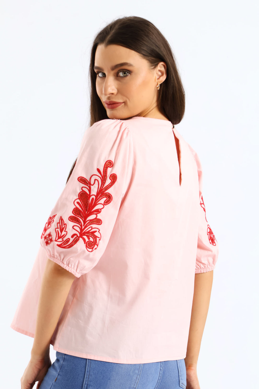 Embroidered Puff Sleeve Poplin Top - Light Pink
