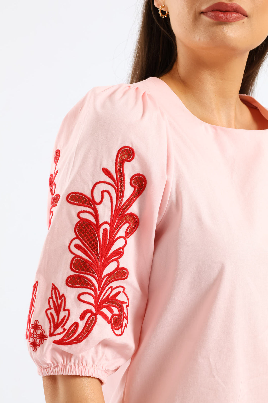 Embroidered Puff Sleeve Poplin Top - Light Pink