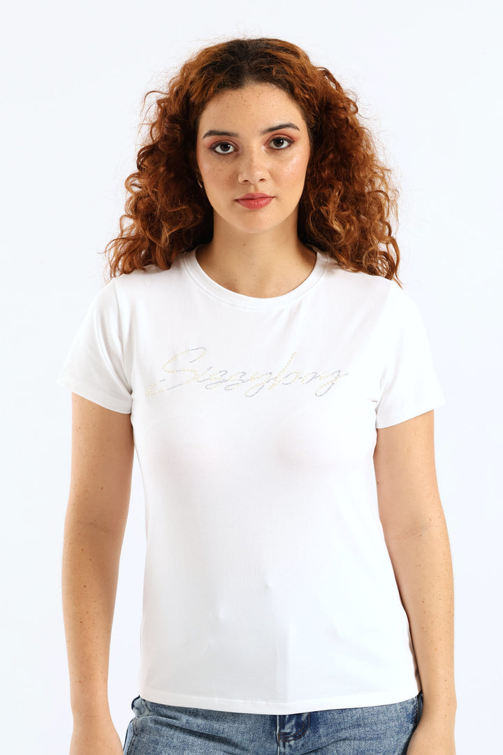 Pearl & Diamante Logo Transfer Tee - White